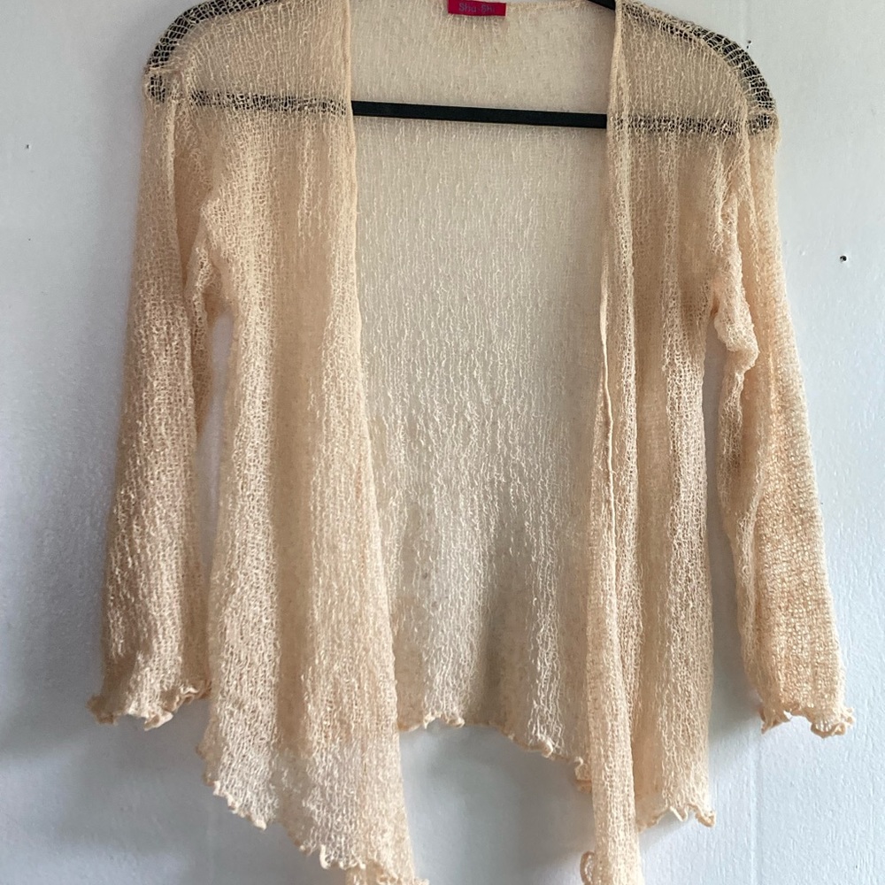 Shu-Shi Shrug Cardigan Beige Open Weave Gauze Knit 3/4 Sleeve One Sz Fits S/M